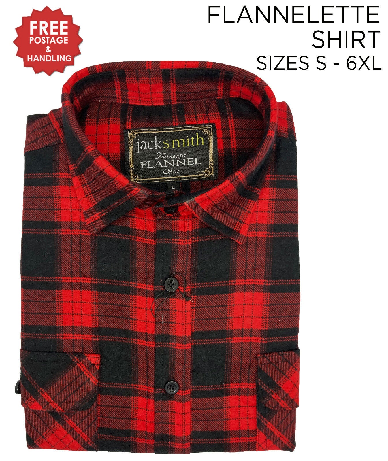 Mens Flannelette Long Sleeve Shirt 100% Cotton Check Red - Black