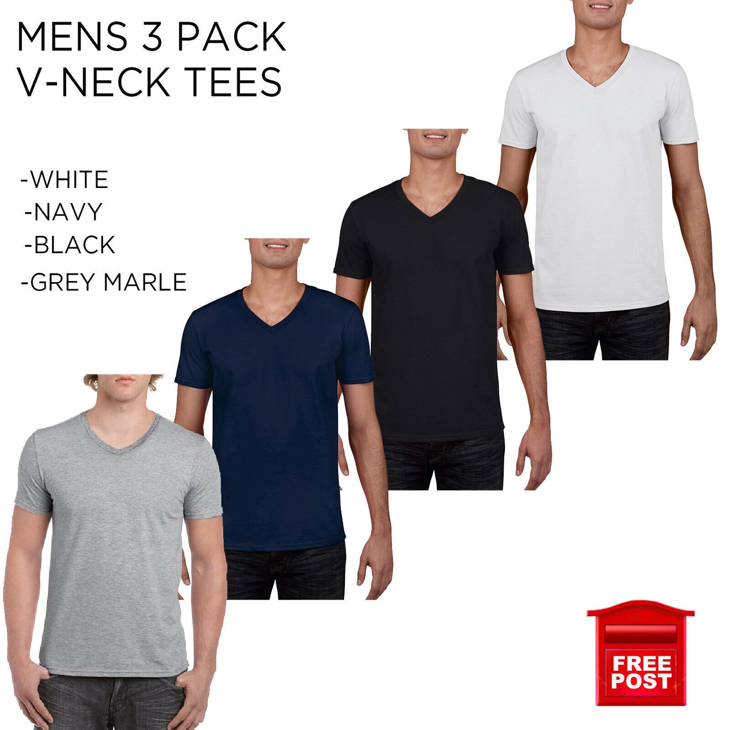 Mens 3 Pack V Neck T-shirts Black White Grey Marle Navy S M L XL 2XL Tees Cheap
