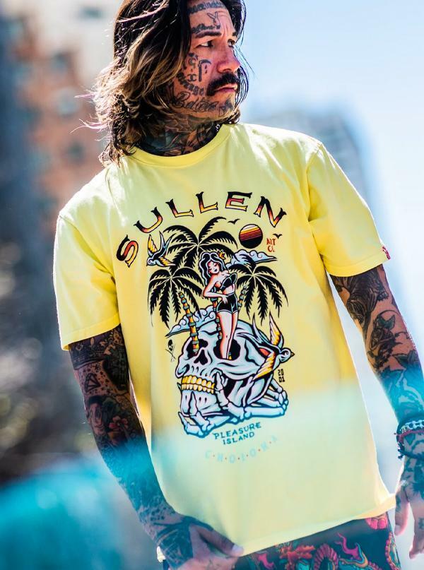 Sullen Clothing "PLEASURE ISLAND" Mens tee Art Collective tattoo Yellow