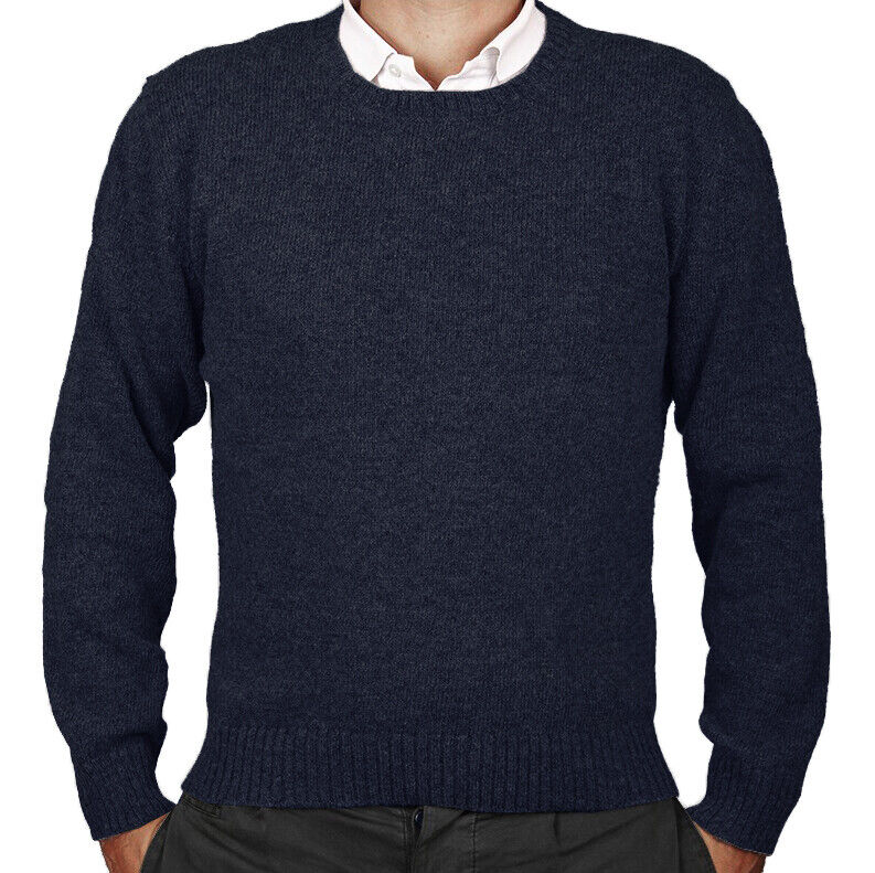 Shetland Wool Round Neck Jumper Pullover Knit chracoal navy