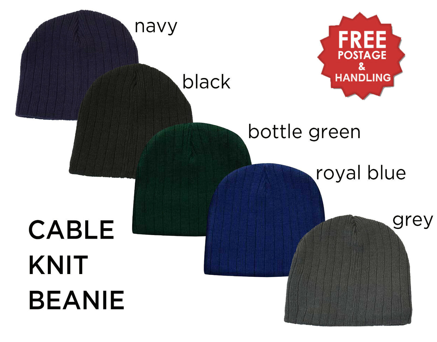 Cable Knit Beanie unisex fleecy lined Black Navy Grey Bottle Green Royal Blue