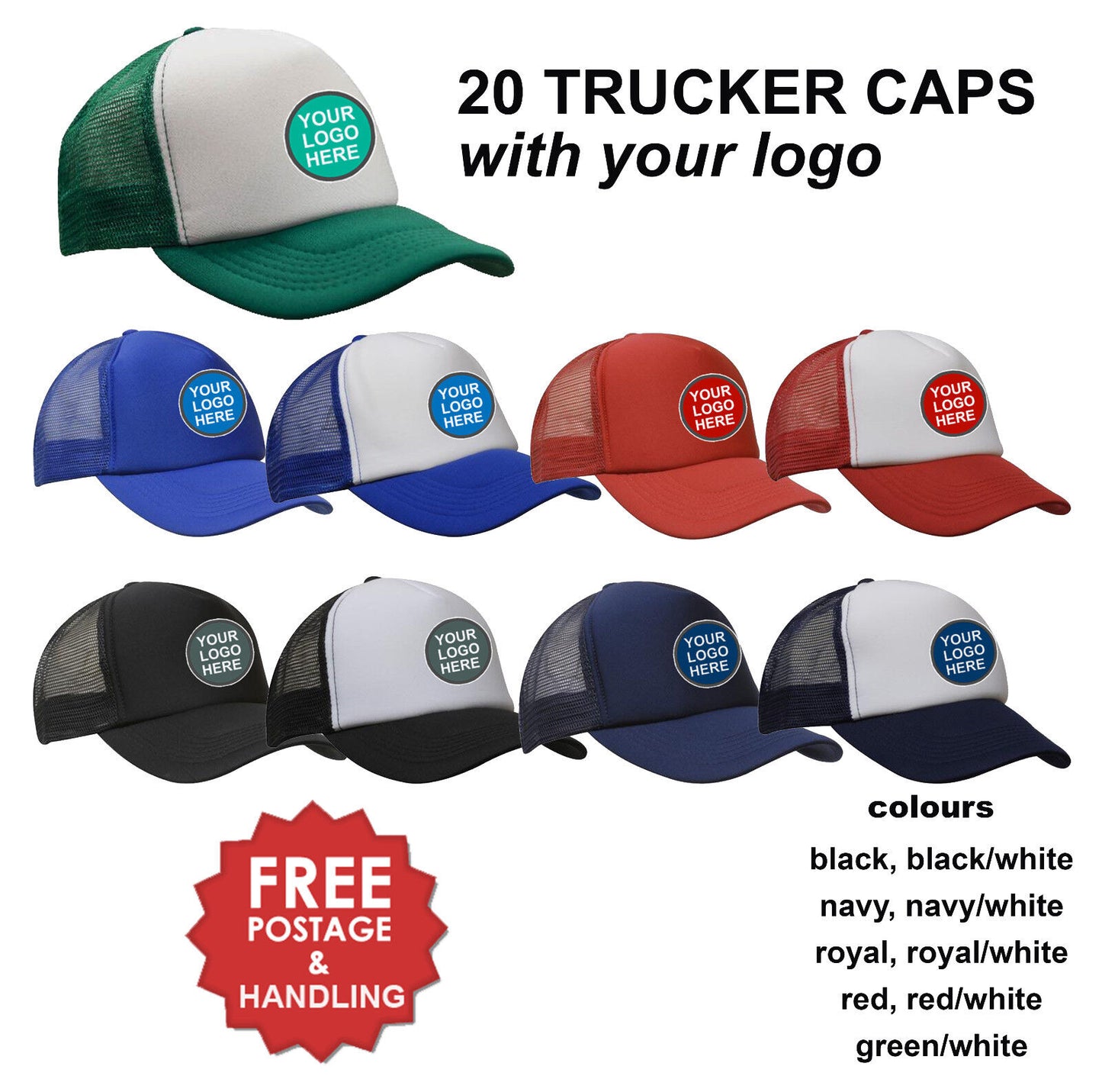 20 Trucker Caps Curved Peak Plastic Strap mesh custom printed WITH YOUR LOGO