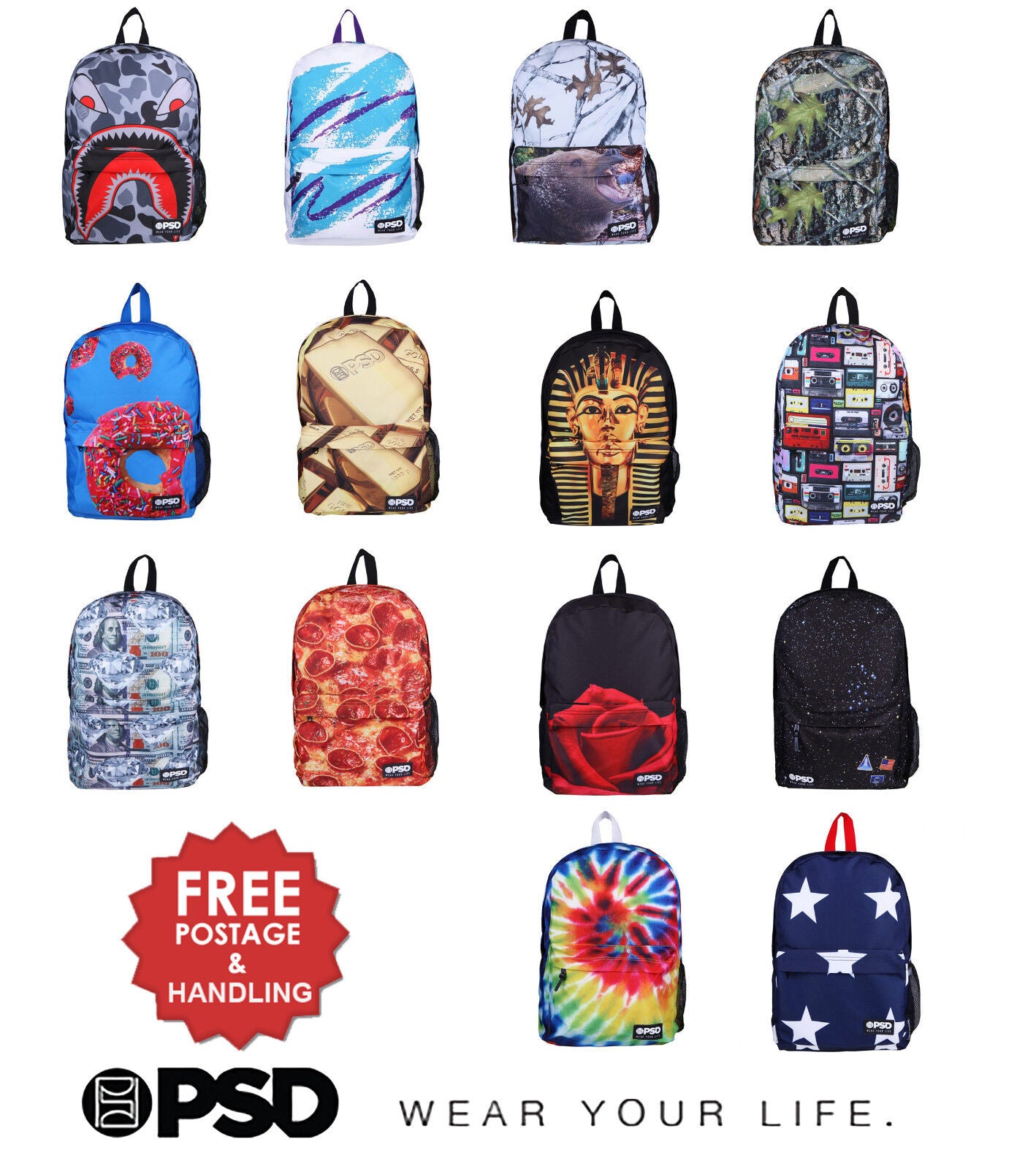 PSD Underwear back pack SPACE CAMP USA WARFACE PIZZA TIE DYE CAMO MIXTAPE DONUT
