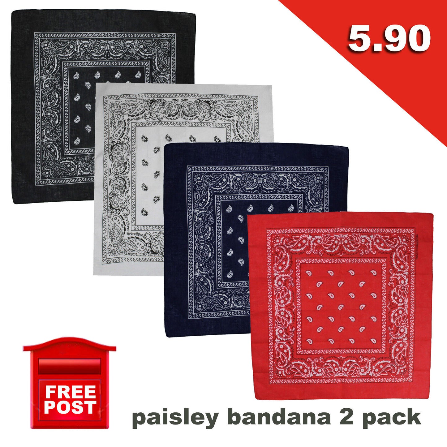 2 Pack Paisley Bandanas Head Wrap Scarf Wrist New Black White Red Navy Cheap