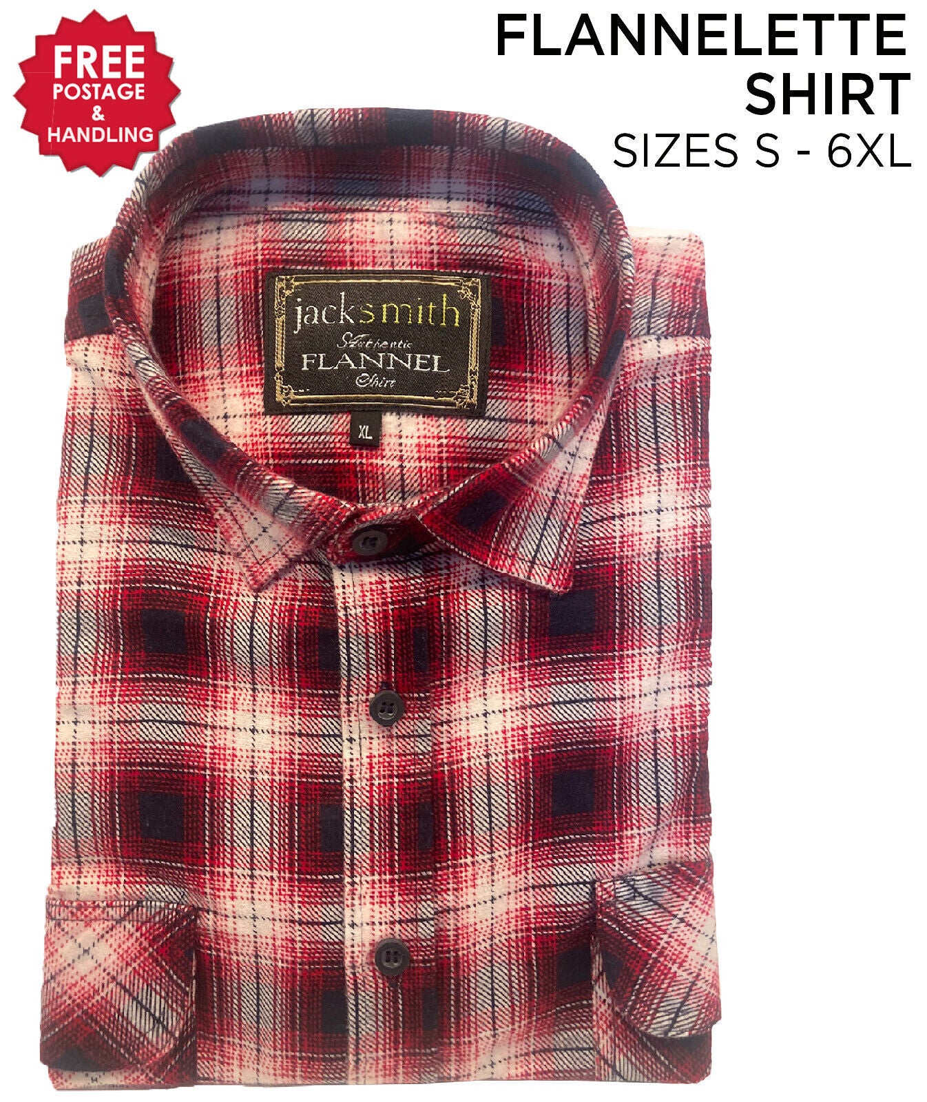 Mens Flannelette Long Sleeve Shirt 100% Cotton Check Blue - Red - White