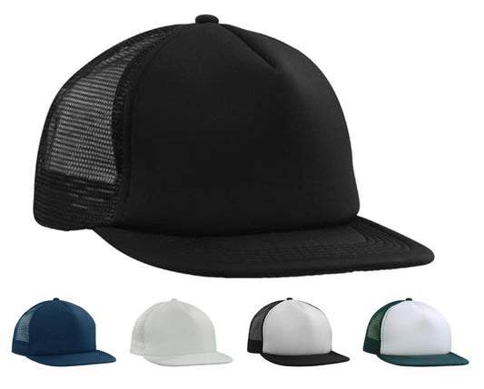 Flat peak Trucker Cap 5 panel mesh black white navy snap back