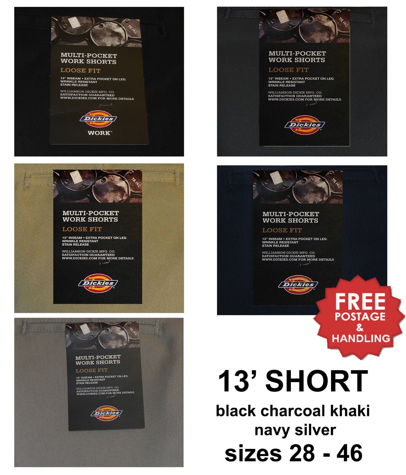 DICKIES 13 Inch Multi Pocket Short black navy charcoal khaki silver sizes 28-46