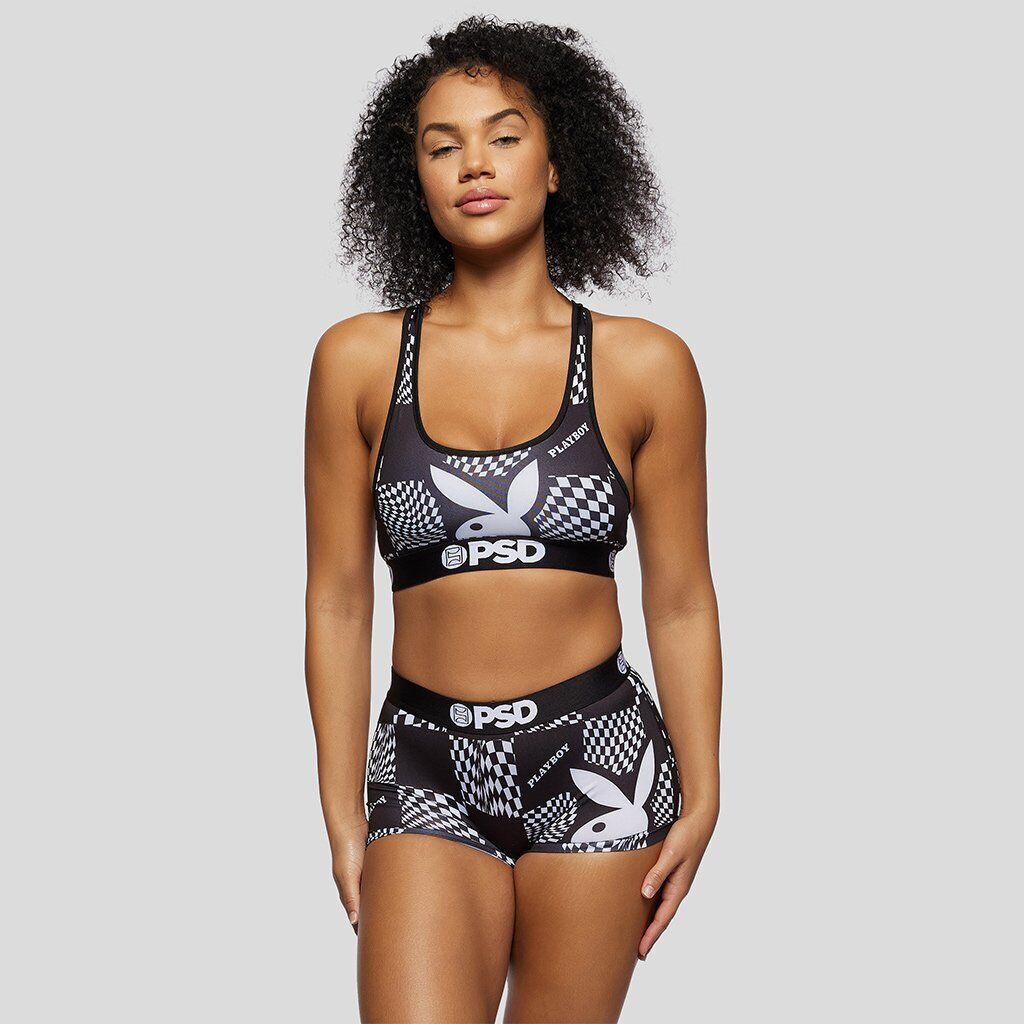 PSD Womens "PLAYBOY WARP CHECKS" sports bra & boy short Poly/Spandex active