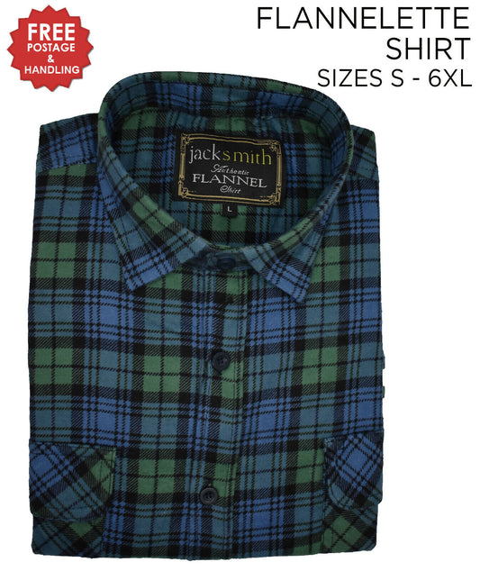 Mens Flannelette Long Sleeve Shirt 100% Cotton Check Navy Blue - Green