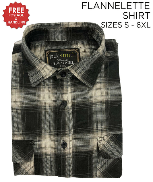 Mens Flannelette Long Sleeve Shirt 100% Cotton Check Black - White