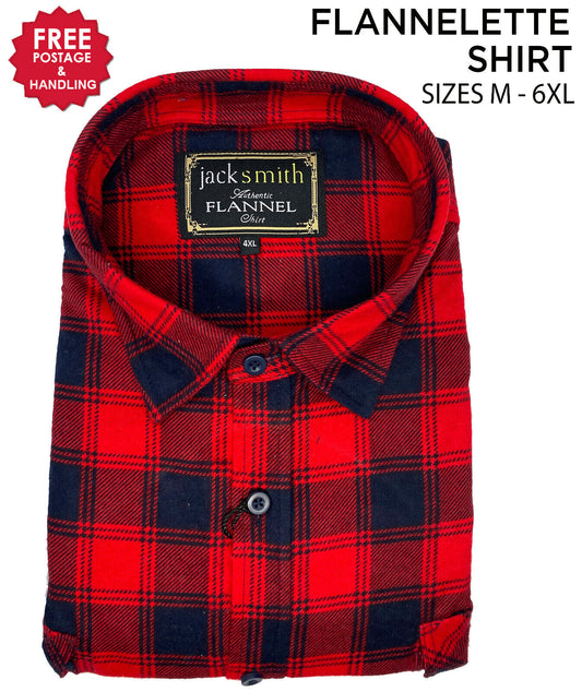 Mens Flannelette Long Sleeve Shirt 100% Cotton Check Red/Navy