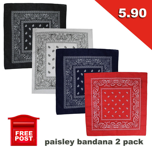 2 Pack Paisley Bandanas Head Wrap Scarf Wrist New Black White Red Navy Cheap
