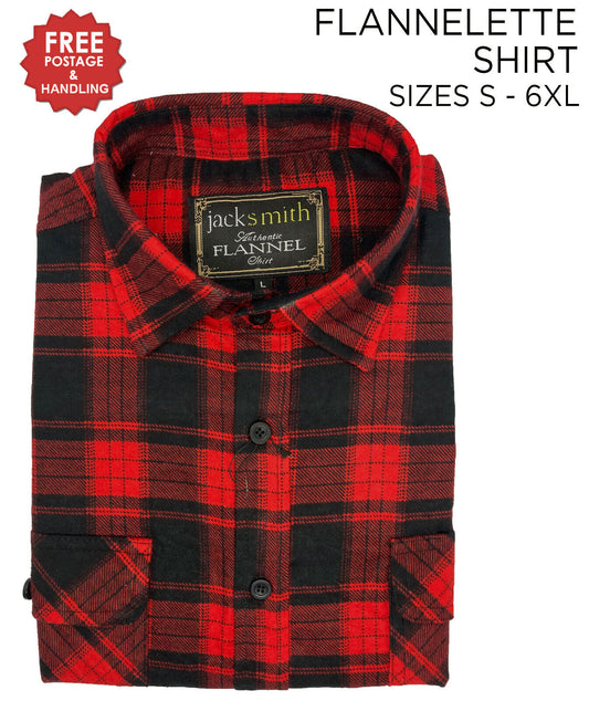 Mens Flannelette Long Sleeve Shirt 100% Cotton Check Red - Black