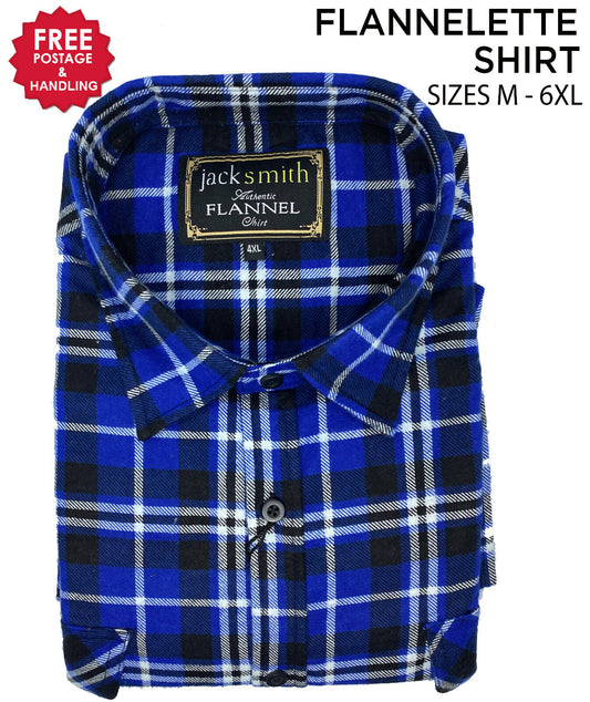 Mens Flannelette Long Sleeve Shirt 100% Cotton Check Royal/Navy