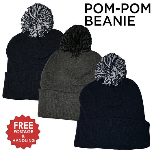 Pom Pom Beanie warm knitted unisex Black Navy Grey