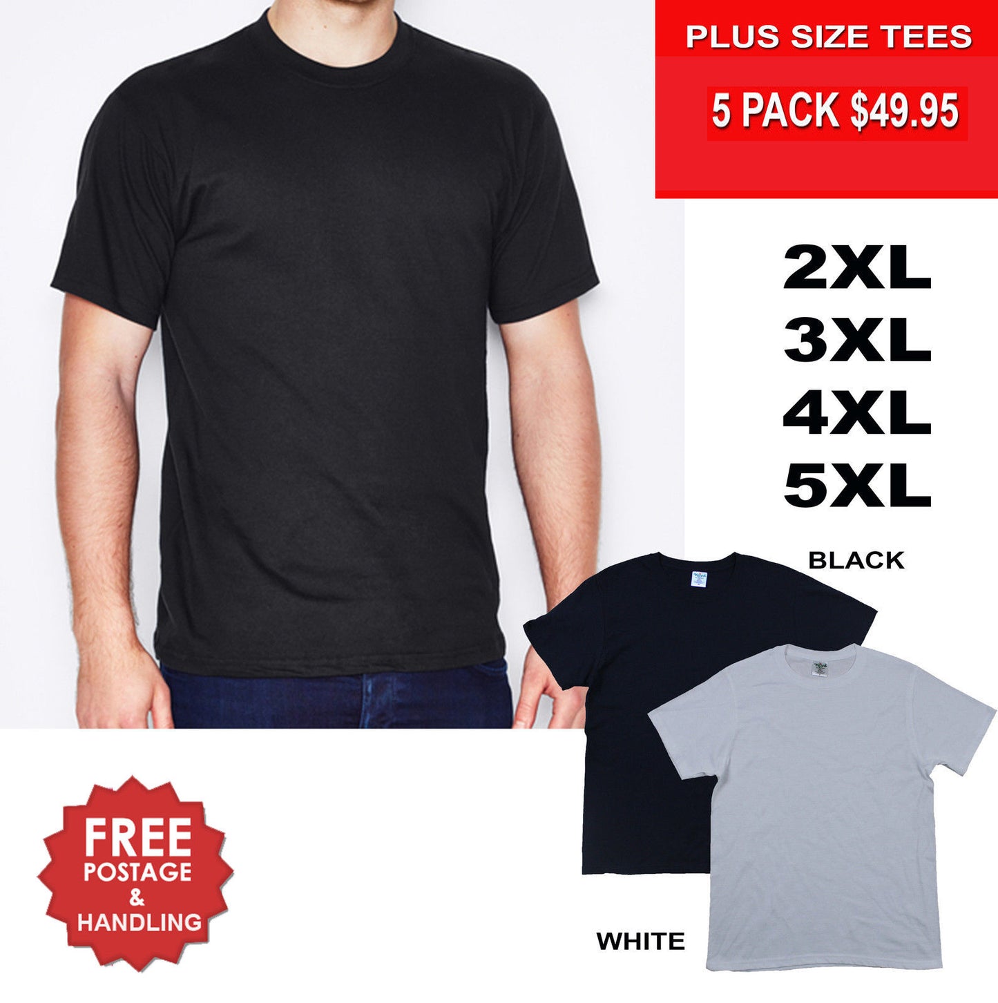 PLUS SIZE mens tees 2XL 3XL 4XL 5XL. Black, White. 5 pack. 100% Cotton cheap big