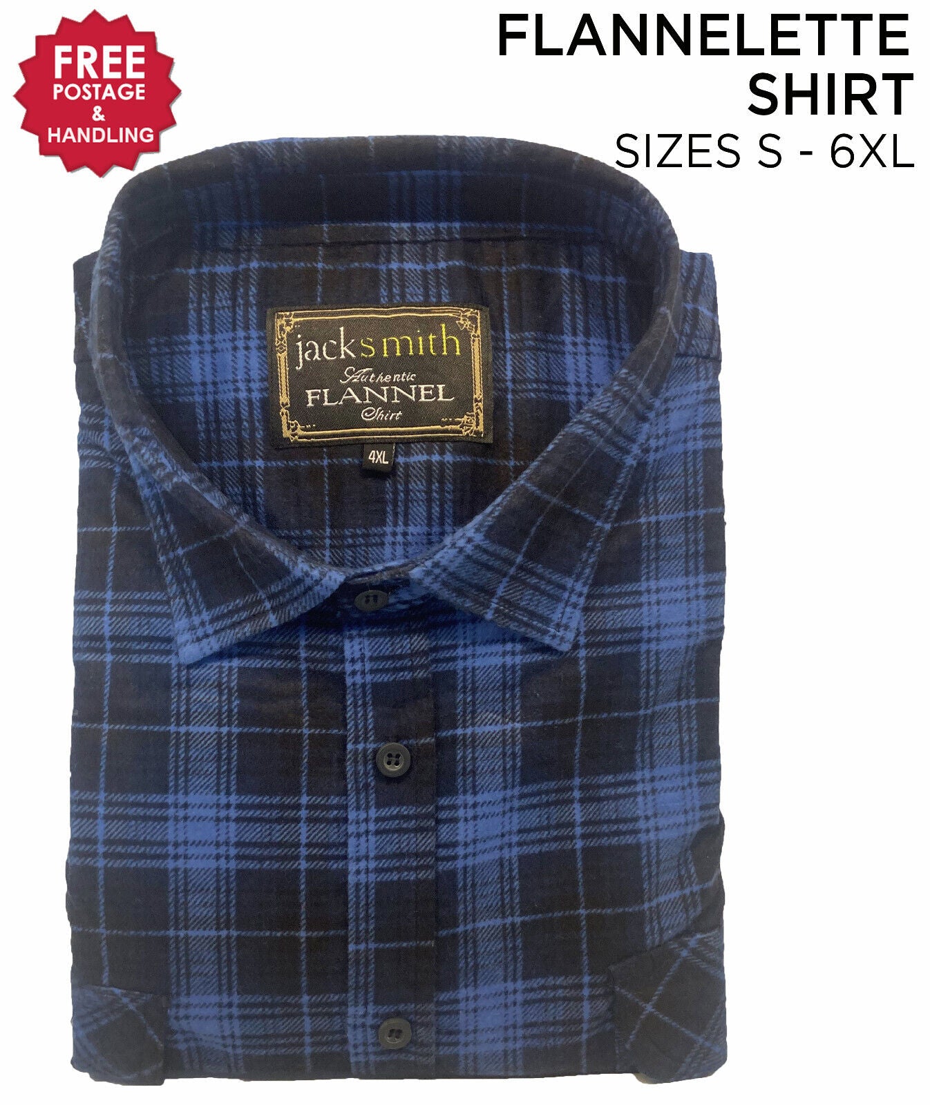 Mens Flannelette Long Sleeve Shirt 100% Cotton Check Navy- Black - Royal