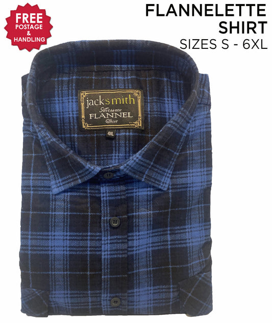 Mens Flannelette Long Sleeve Shirt 100% Cotton Check Navy- Black - Royal