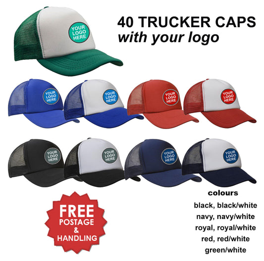 40 Trucker Caps Curved Peak Plastic Strap mesh custom printed WITH YOUR LOGO