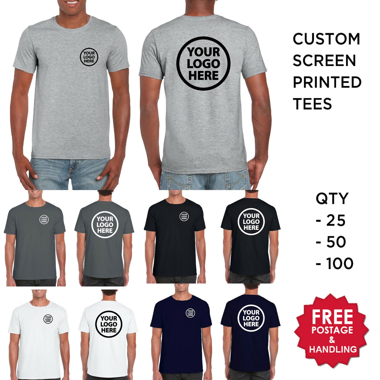 Custom Printed tees YOUR LOGO front & back S M L XL 2XL 3XL