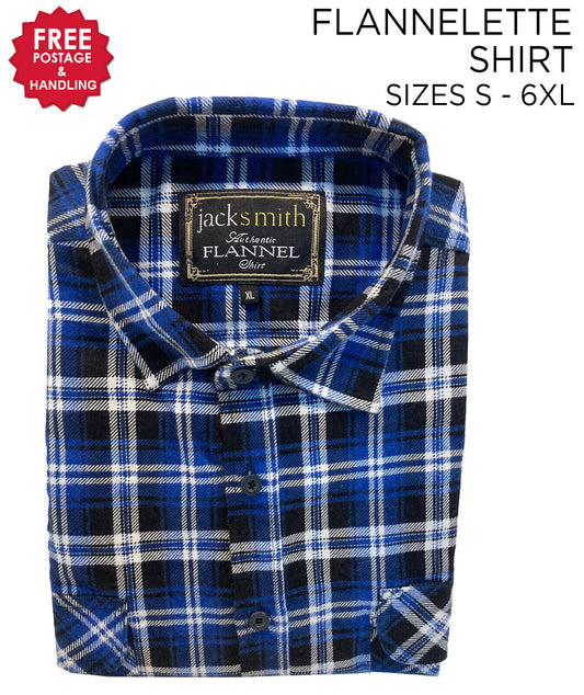 Mens Flannelette Long Sleeve Shirt 100% Cotton Check Navy - White