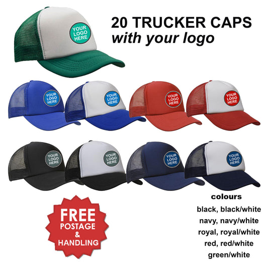 20 Trucker Caps Curved Peak Plastic Strap mesh custom printed WITH YOUR LOGO