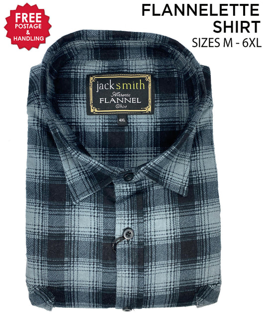 Mens Flannelette Long Sleeve Shirt 100% Cotton Check Black/Grey