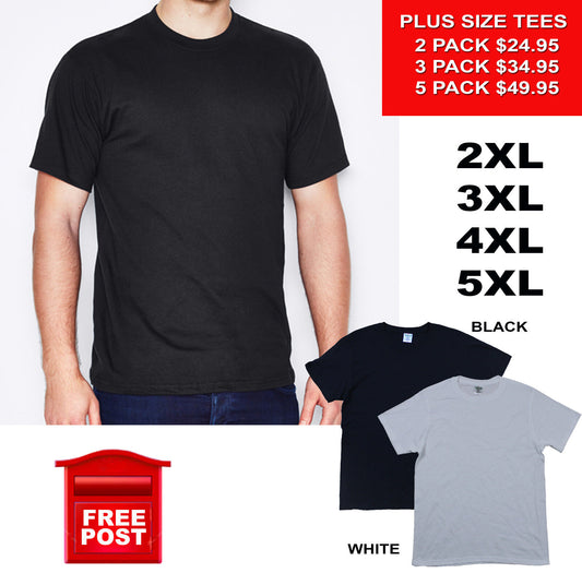 PLUS SIZE mens tees 2XL 3XL 4XL 5XL. Black, White. 2,3,5 pack. 100% Cotton cheap