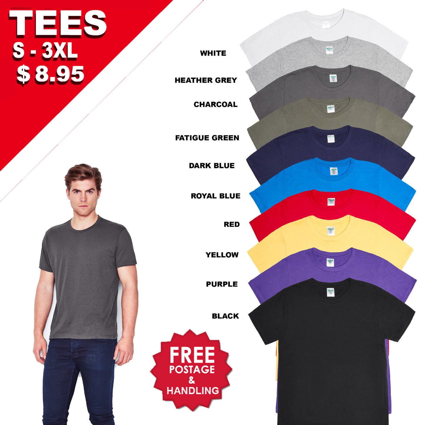 Mens t-shirt cheap cotton crew neck XS S M L XL 2XL 3XL black white grey