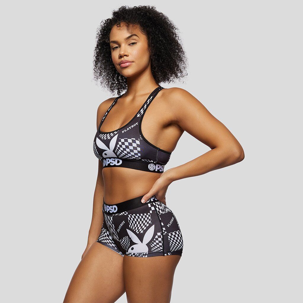 PSD Womens "PLAYBOY WARP CHECKS" sports bra & boy short Poly/Spandex active