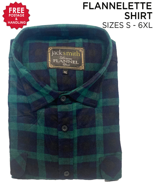 Mens Flannelette Long Sleeve Shirt 100% Cotton Check Navy - Green