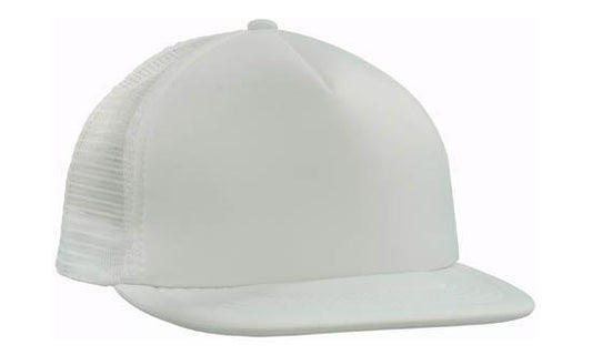 Flat peak Trucker Cap 5 panel mesh white snap back