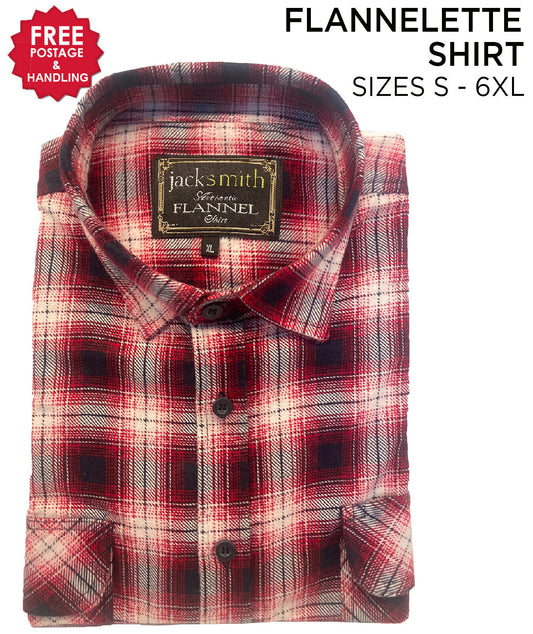 Mens Flannelette Long Sleeve Shirt 100% Cotton Check Blue - Red - White