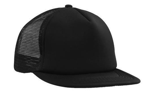 Flat peak Trucker Cap 5 panel mesh black snap back black