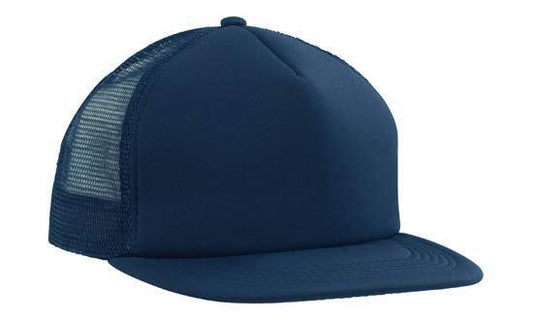 Flat peak Trucker Cap 5 panel mesh navy snap back